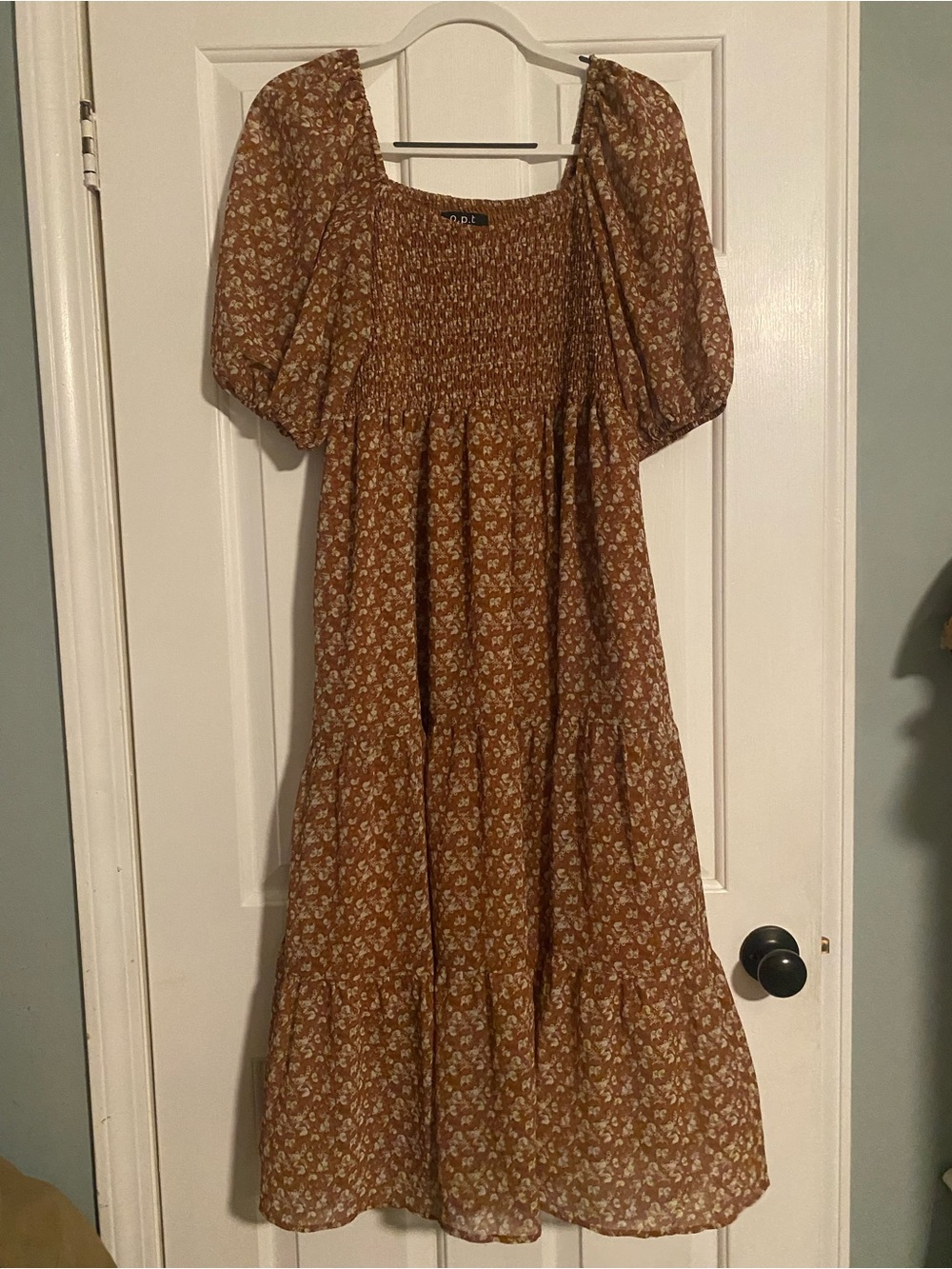 O.P.T Brown/Orange Rust Smocked Midi Dress with pockets